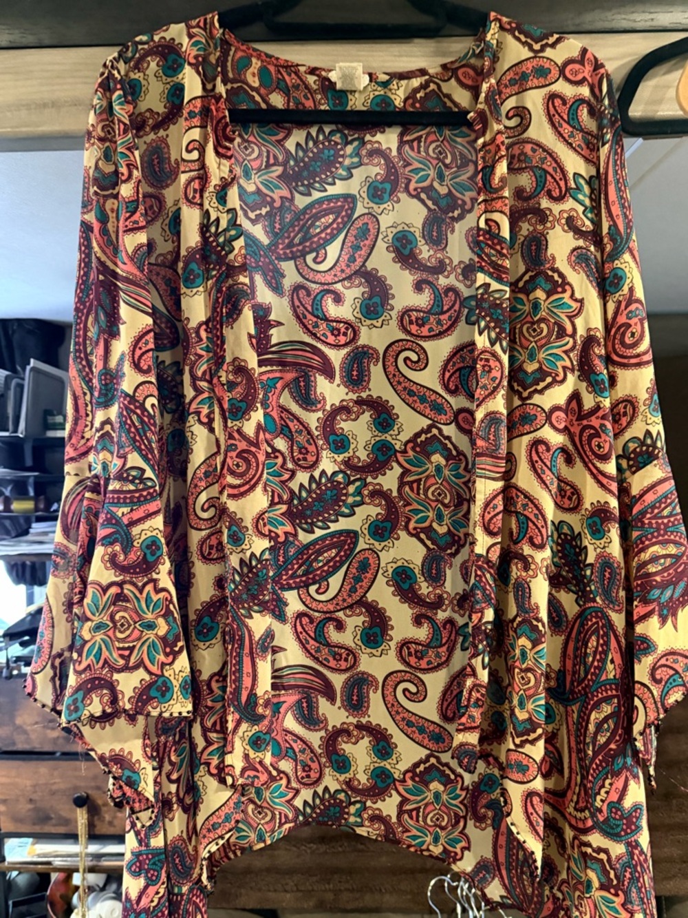 Cream Paisley Kimono with Teal & Burgundy Accents